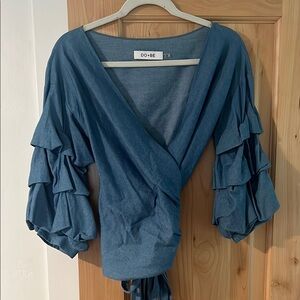 DO+BE Blue Wrap Ruffled Bell Sleeve Blouse